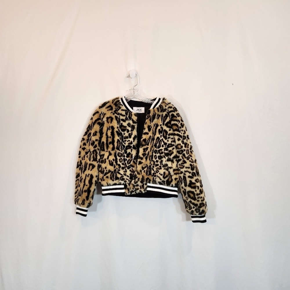 JACK BY BB DAKOTA Faux Fur Leopard Bomber Jacket Womens S Brown Animal Print Mob